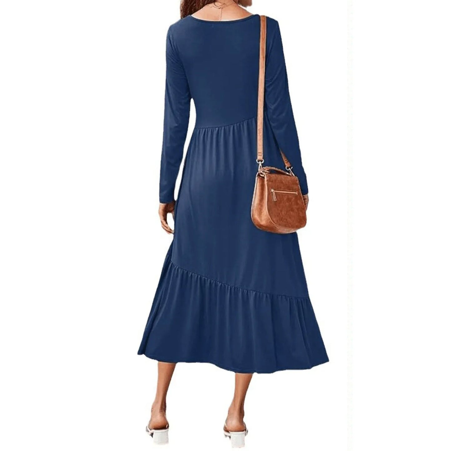 FashionSierra - Round Neck Long Sleeve Solid Casual Flowing Layered Summer Dress