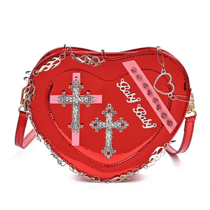 Heart-Shaped Leather Gothic Punk Crossbody Metal Decoration Shoulder Bag