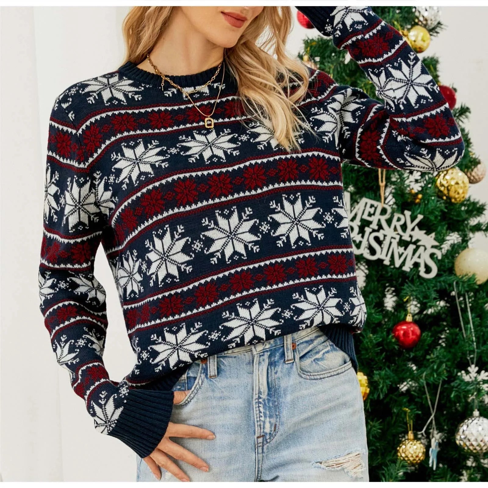 New Christmas Snowflake Acrylic Loose Knitted Tops Sweater Sweaters-L