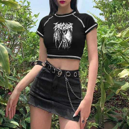 FashionSierra - Harajuku Retro Korean Demon Punk Gothic Anime Slim Crop Tops