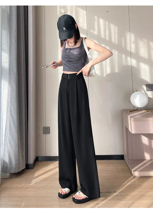 Women High Waist Trouser Office Ladies Fashion Loose Grey Suit Pants