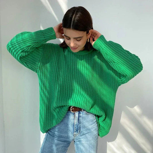 Basic Warm Vintage Green Thick Oversized Knitted Loose White Christmas Sweater / One Size Sweaters-L