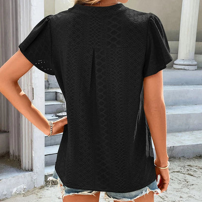 Women Tops Hollow Solid Elegant T-Shirt Spring Summer V Neck Blouses