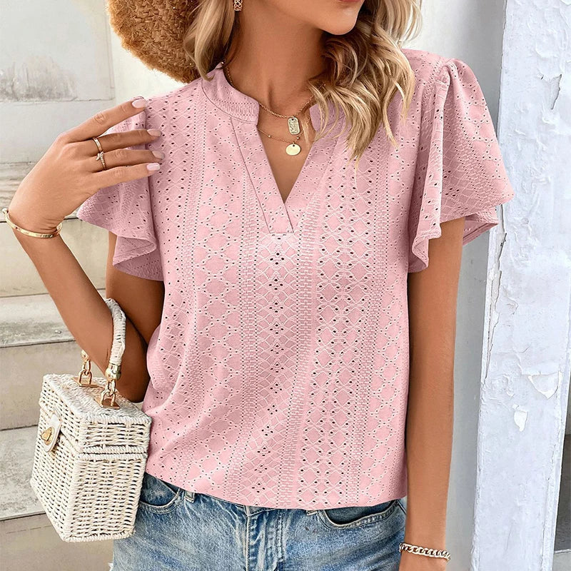 Women Tops Hollow Solid Elegant T-Shirt Spring Summer V Neck Blouses