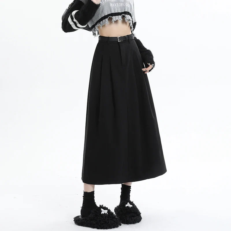 FashionSierra - Pleated Womens 2024 Autumn Winter New Fashion High Waist A-line Long Female Casual Wool Umbrella Skirt