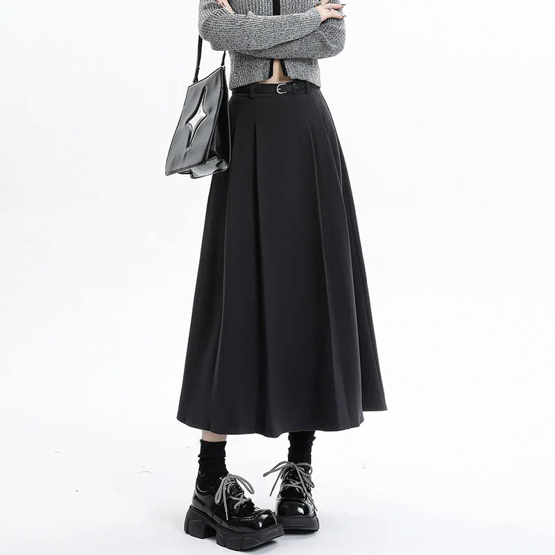 Woolen Pleated Womens 2024 New Autumn Winter Wool High Waist Ladies Elegant A-line Long Skirt