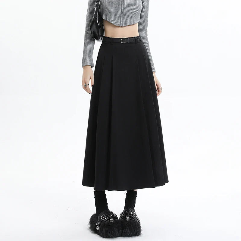 Woolen Pleated Womens 2024 New Autumn Winter Wool High Waist Ladies Elegant A-line Long Skirt