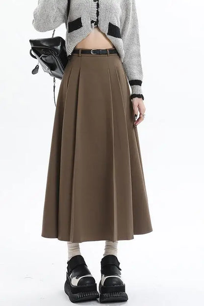 Woolen Pleated Womens 2024 New Autumn Winter Wool High Waist Ladies Elegant A-line Long Skirt