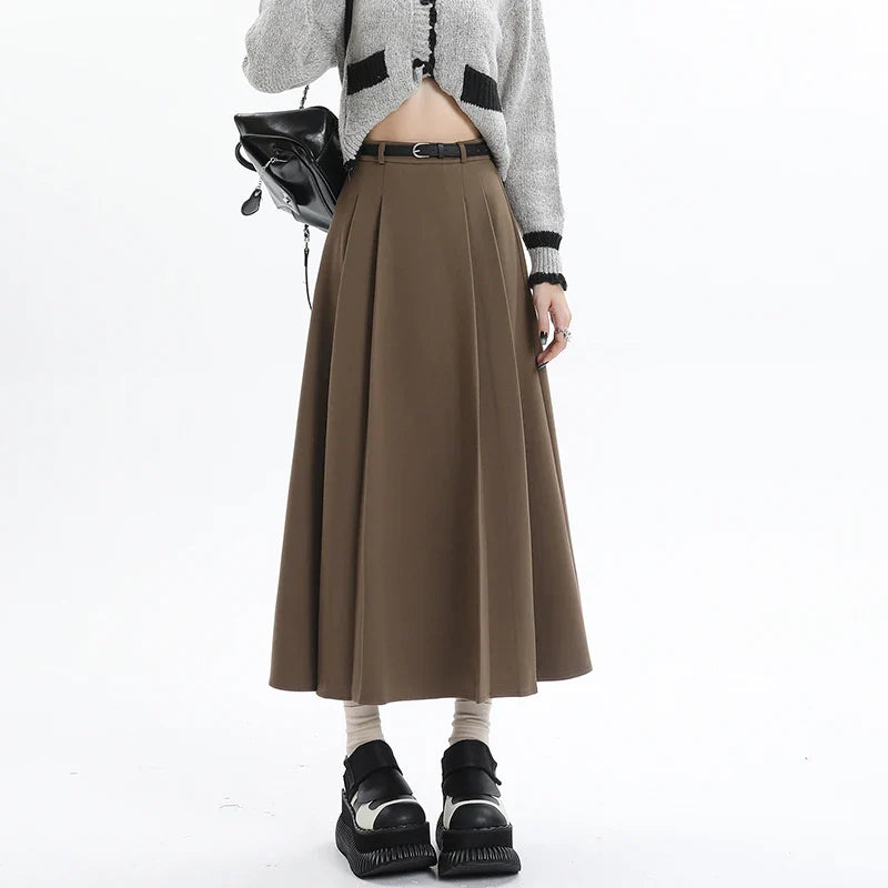 Woolen Pleated Womens 2024 New Autumn Winter Wool High Waist Ladies Elegant A-line Long Skirt