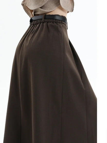 Woolen Pleated Womens 2024 New Autumn Winter Wool High Waist Ladies Elegant A-line Long Skirt