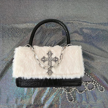 Y2K Gothic Soft Plush Cross Applique Chain Hot Girls Hip Hop Crossbody Bag