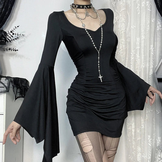 Batwing Lengthy Sleeve Mini Dress Black / S