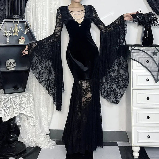 Lacy Mesh V-Neck Long Dress