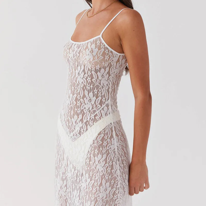 FashionSierra - Lace Floral Long Dress Mesh See Through Summer Sleeveless White Lace Dress