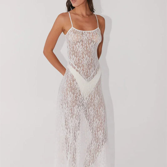 FashionSierra - Lace Floral Long Dress Mesh See Through Summer Sleeveless White Lace Dress