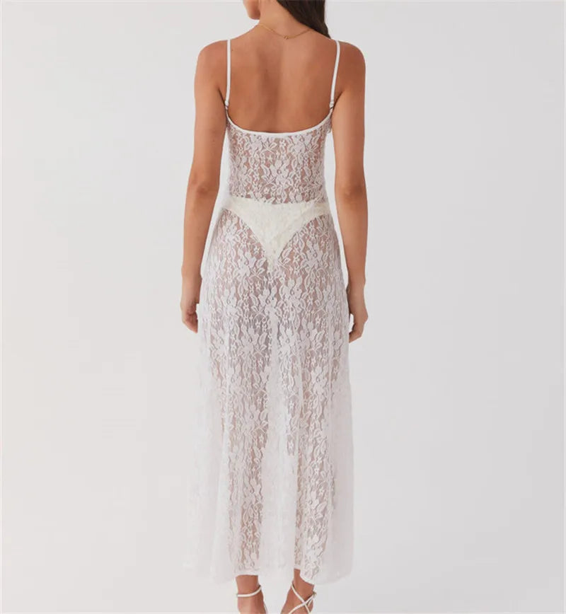 FashionSierra - Lace Floral Long Dress Mesh See Through Summer Sleeveless White Lace Dress