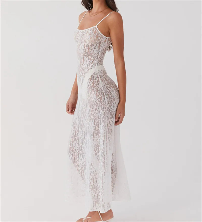 FashionSierra - Lace Floral Long Dress Mesh See Through Summer Sleeveless White Lace Dress