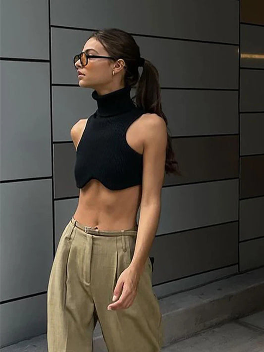 FashionSierra - Y2K Knitting Turtleneck Irregularity Elasticity Tank Top Club Streetwear Crop Tops