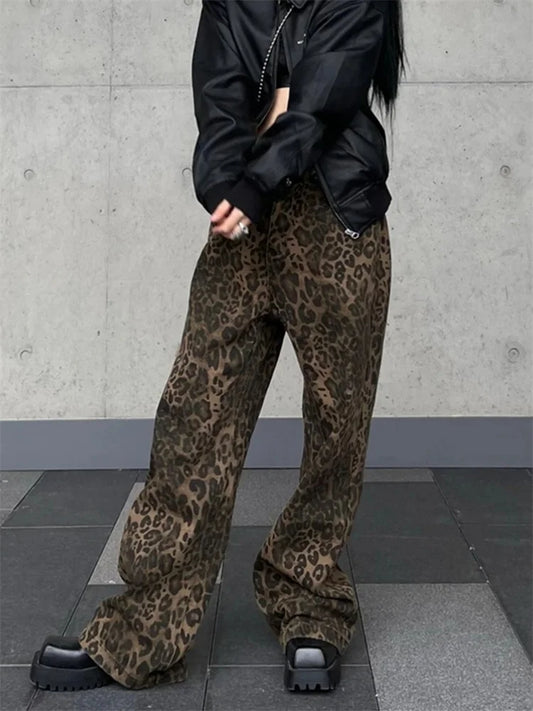 FashionSierra - Y2k High Street Baggy Leopard Print High Waist Wide Leg Trouser