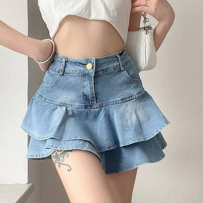 Y2K High-Waisted Double Layer Ruffled Denim Skirt Bottom