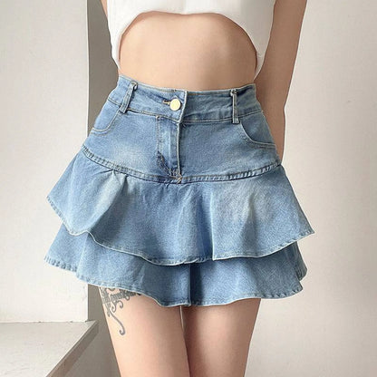 Y2K High-Waisted Double Layer Ruffled Denim Skirt Bottom