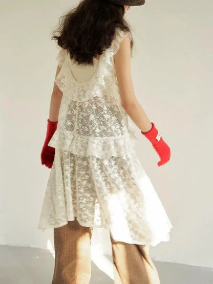 Mori Girl Style V Neck Sleeveless See Through Floral Lace Summer Loose Lace Dress