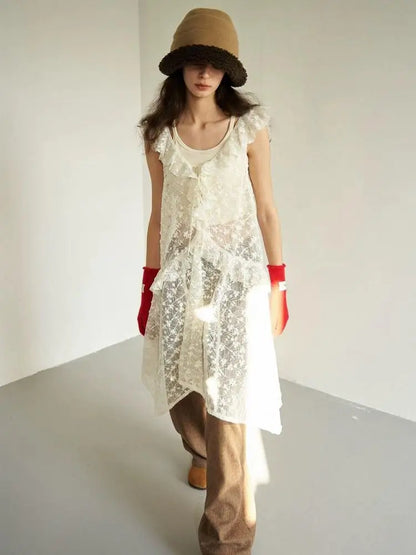 Mori Girl Style V Neck Sleeveless See Through Floral Lace Summer Loose Lace Dress