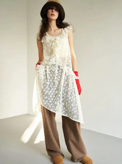 Mori Girl Style V Neck Sleeveless See Through Floral Lace Summer Loose Lace Dress