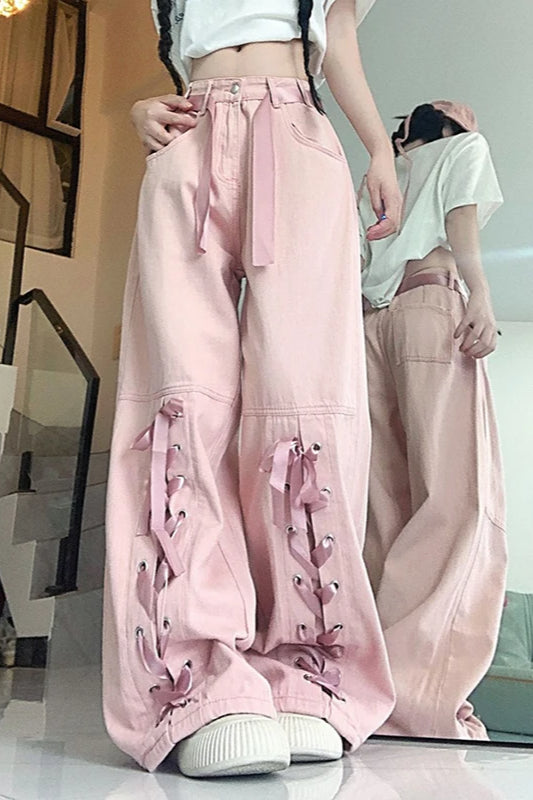 Pink Bow Tie Wide Leg Cargo Jeans