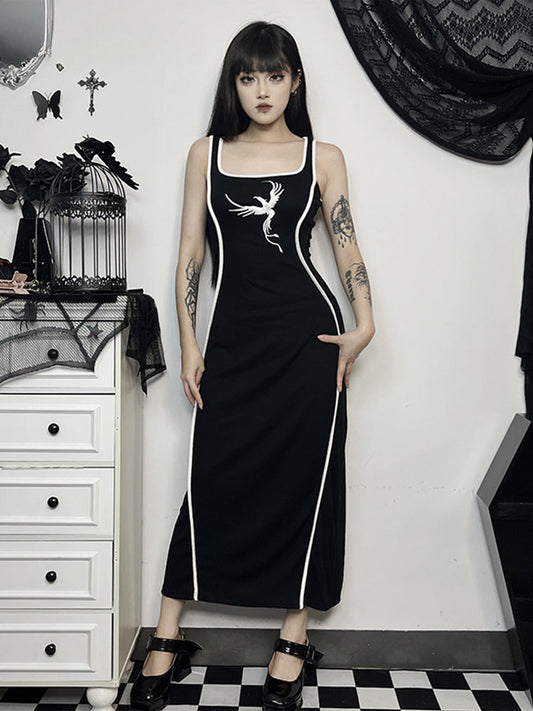 Gothic Square Neck Tank Sexy Sleeveless High Waist White Embroidery Bodycon Dress