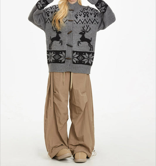 Retro Preppy Stand Collar Cardigan Grey / S