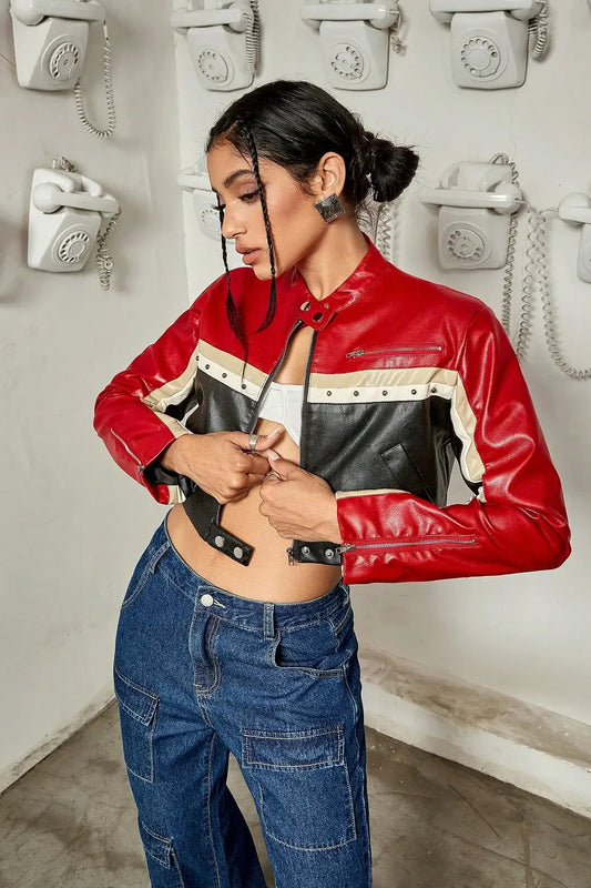 Studded Colorblock PU Moto Jacket