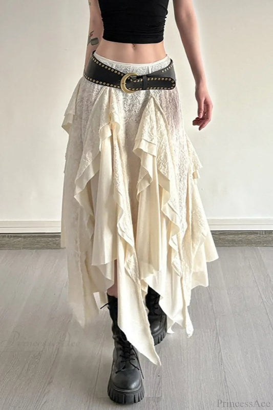 Asymmetrical Lace Bodycon Maxi Skirt White / S