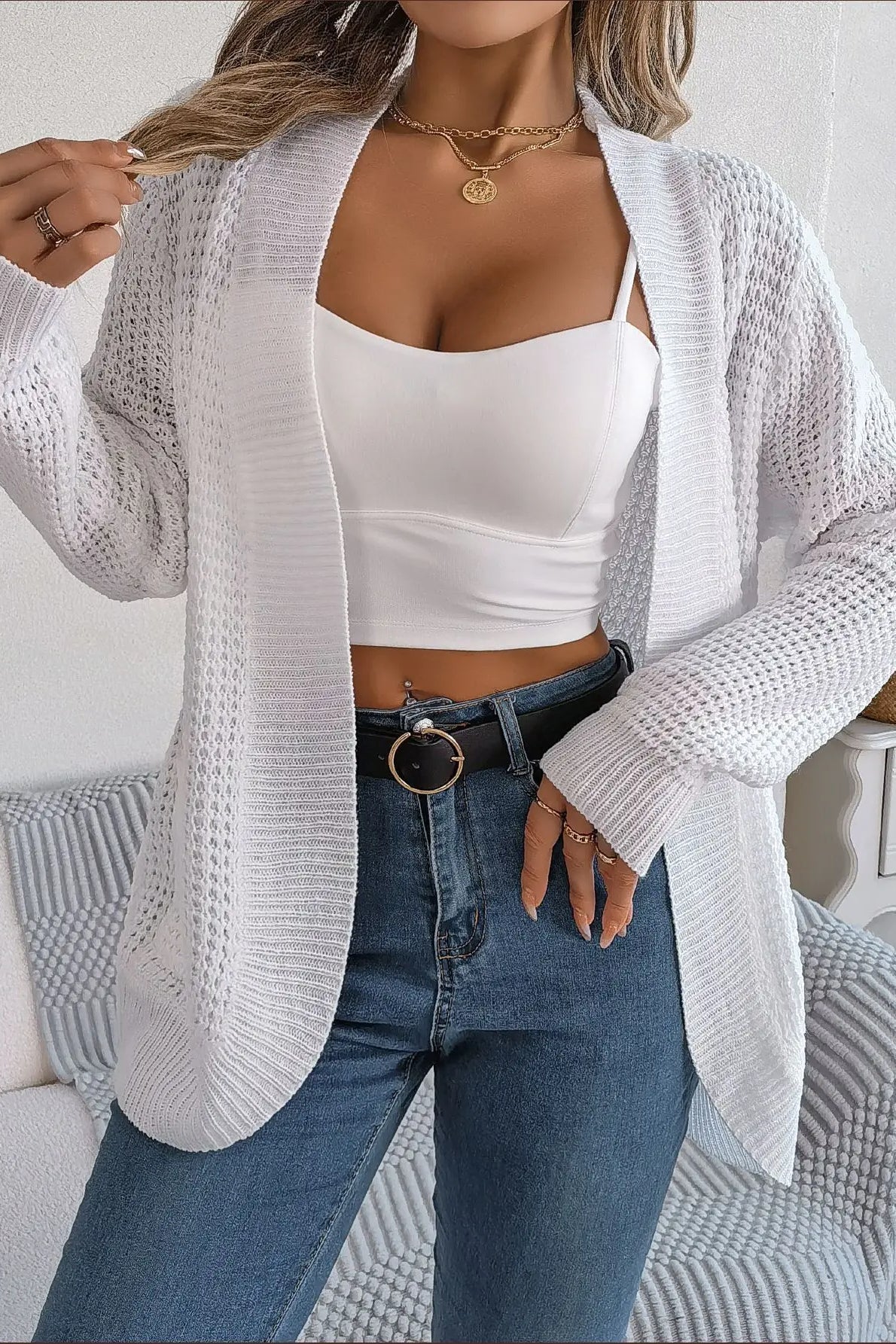 Loose Knit Pocket Cardigan White / S