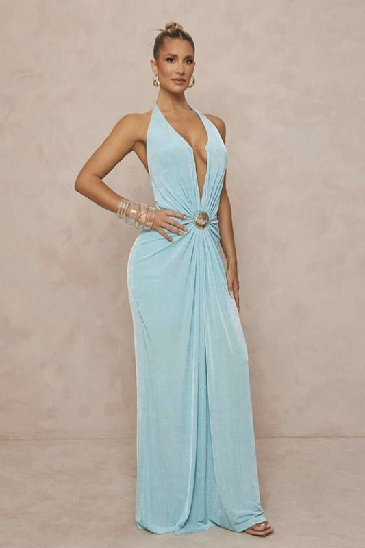 Deep V Halter Ruched Metal Trim Backless Maxi Dress