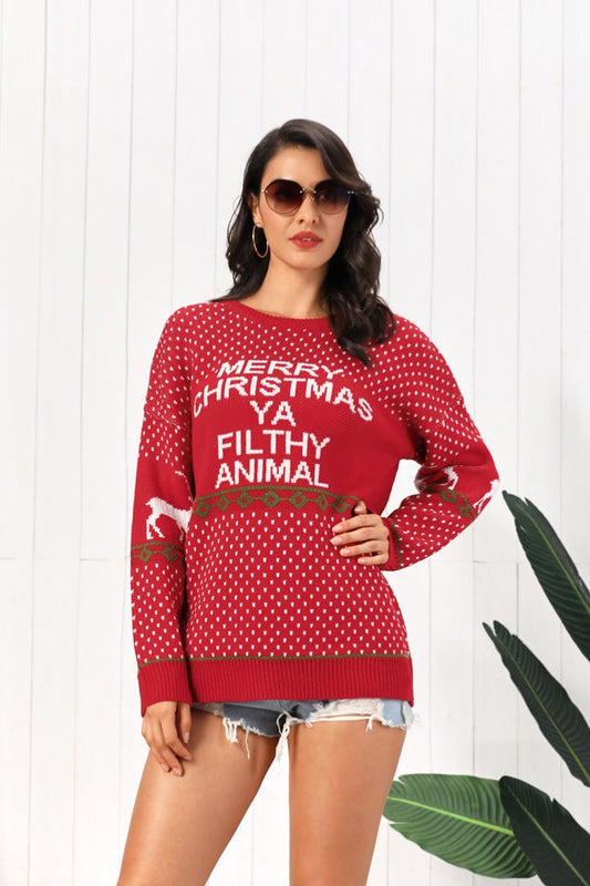 Christmas Deer Letter Xmas Dots Loose Sweater