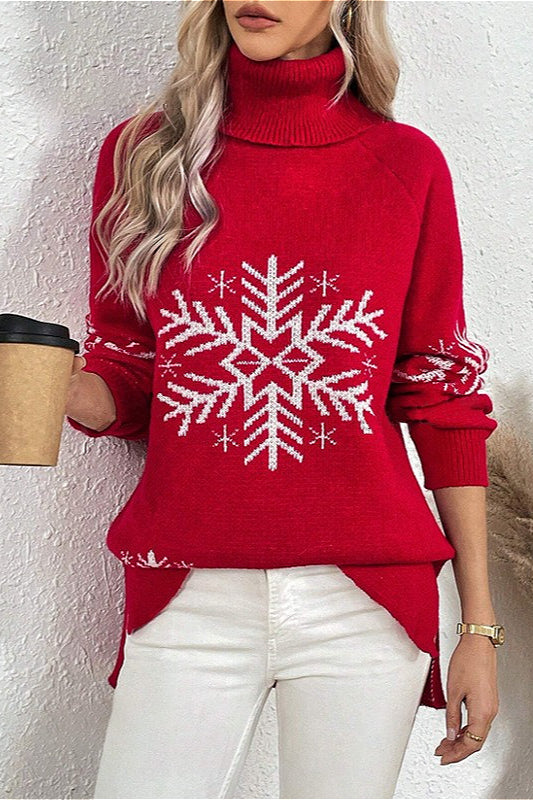 Solid Color Turtleneck Christmas Snowflake Print Sweater