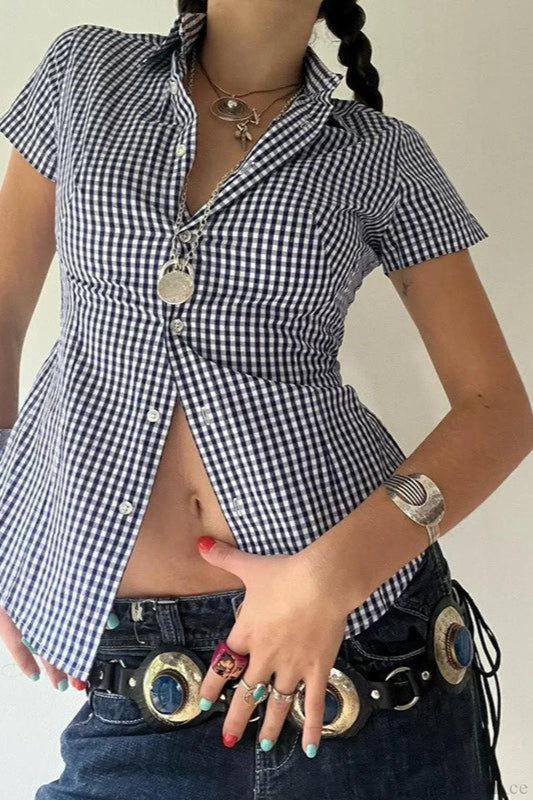 Blue Plaid Fitted Polo Collar Short Sleeve Blouse Blue / S