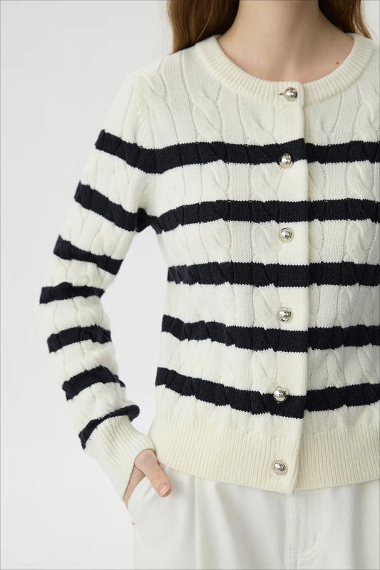 Black White Wool Twist Knit Cardigan