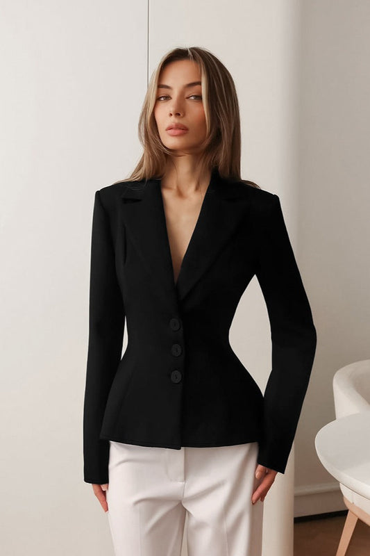 Fitted Waist V-Neck Padded Shoulder Long Sleeve Blazer