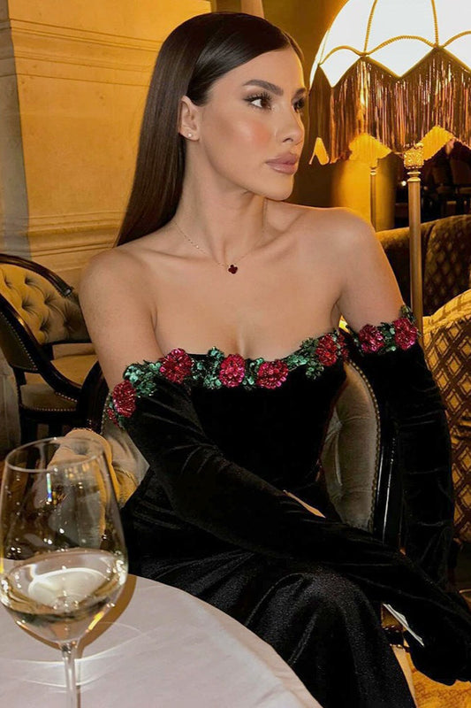 Bustier Sequin Slim Long Glove Set Velvet Dress