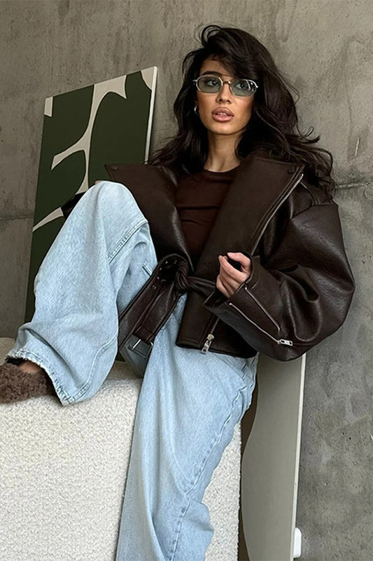 Cinched Waist Zipper Biker Jacket