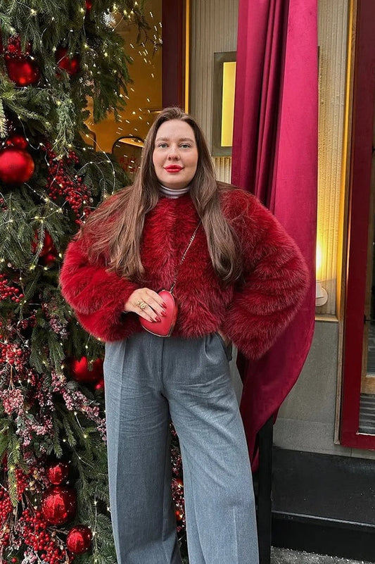 Faux Fur Blend Red Christmas Outerwear