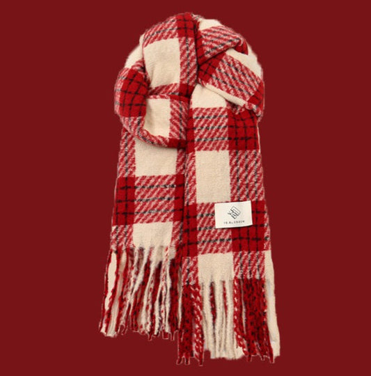 Burgundy Tartan Fringed Christmas Scarf