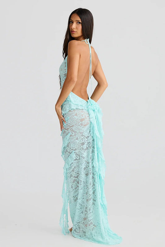 Backless Lace Halter Maxi Dress