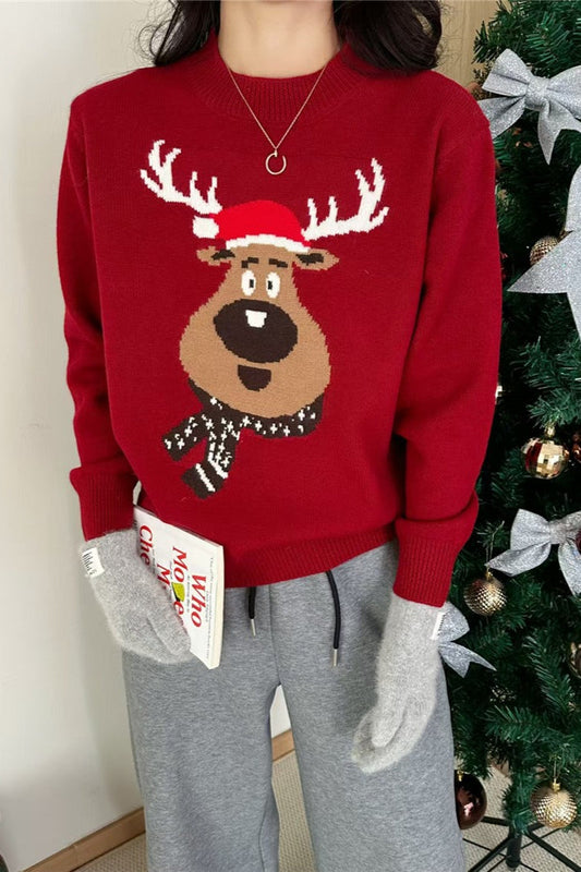 Christmas Crew Neck Color Block Christmas Deer Sweater