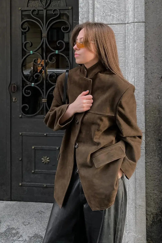 Brown Single-Breasted Suede Blazer
