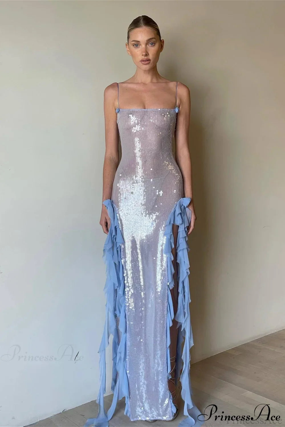 Chic Sheer Sequin Ruffled Slip Maxi Dress