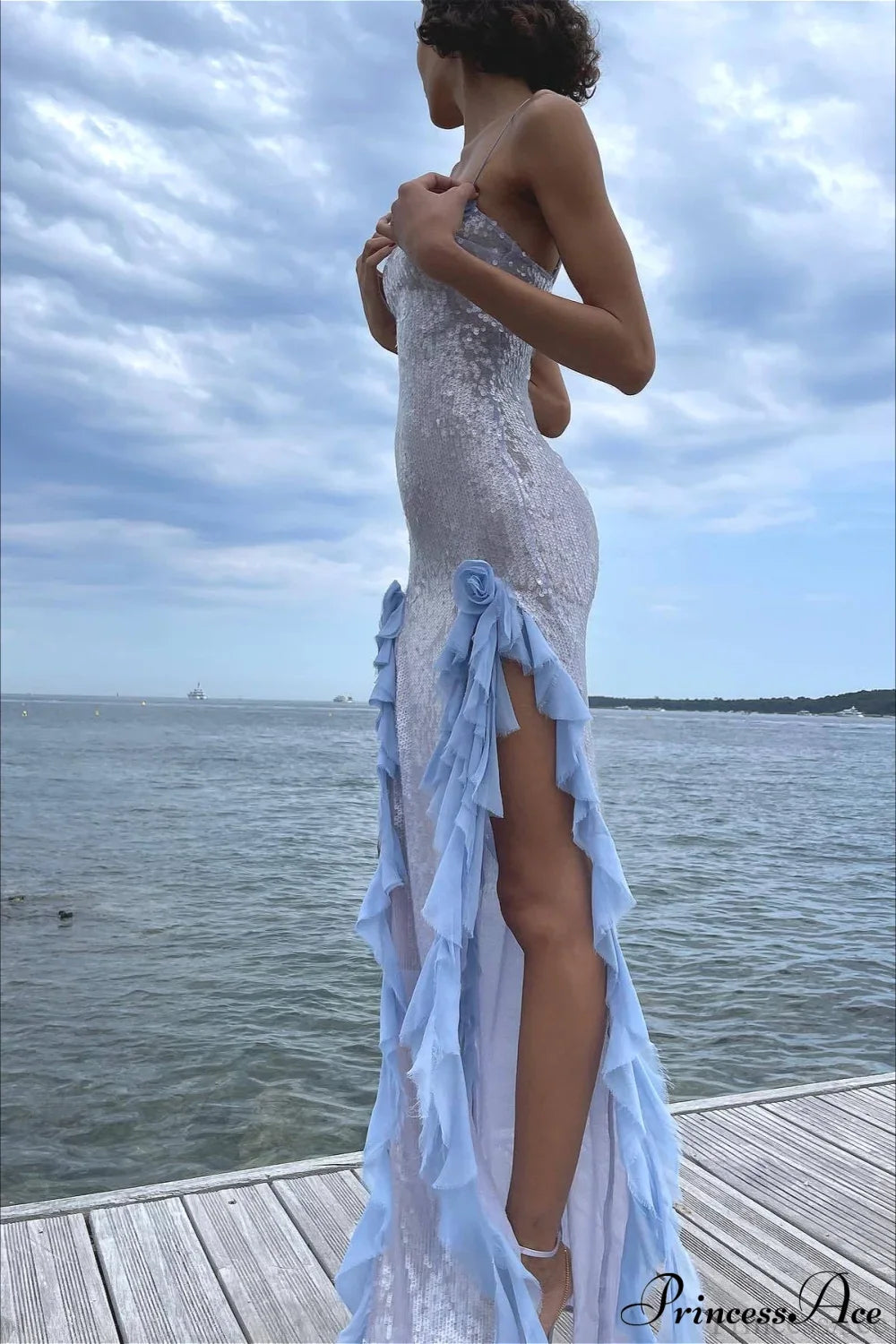 Chic Sheer Sequin Ruffled Slip Maxi Dress