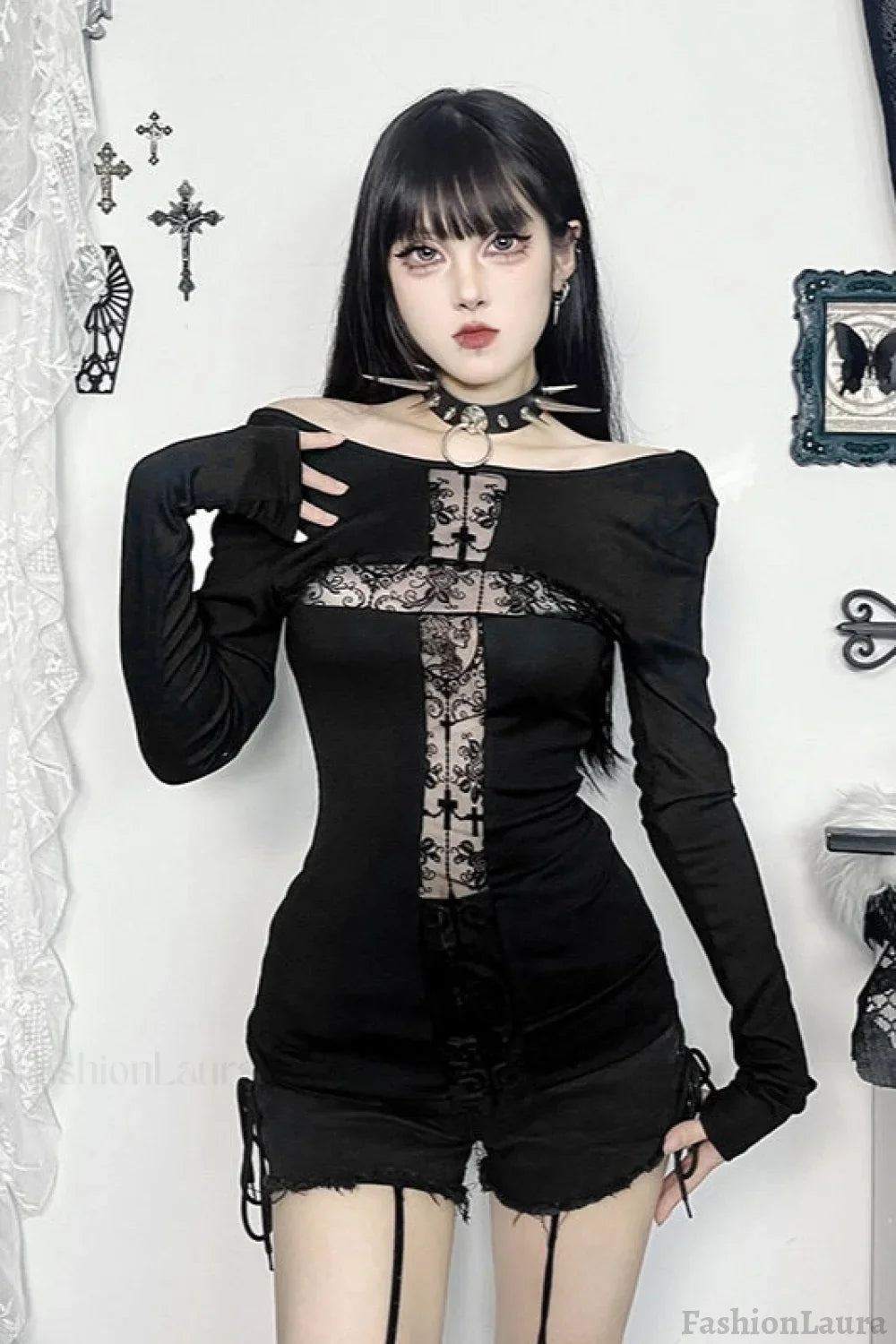 Contrast Stitch Cross Long Sleeve T-Shirt Black / S